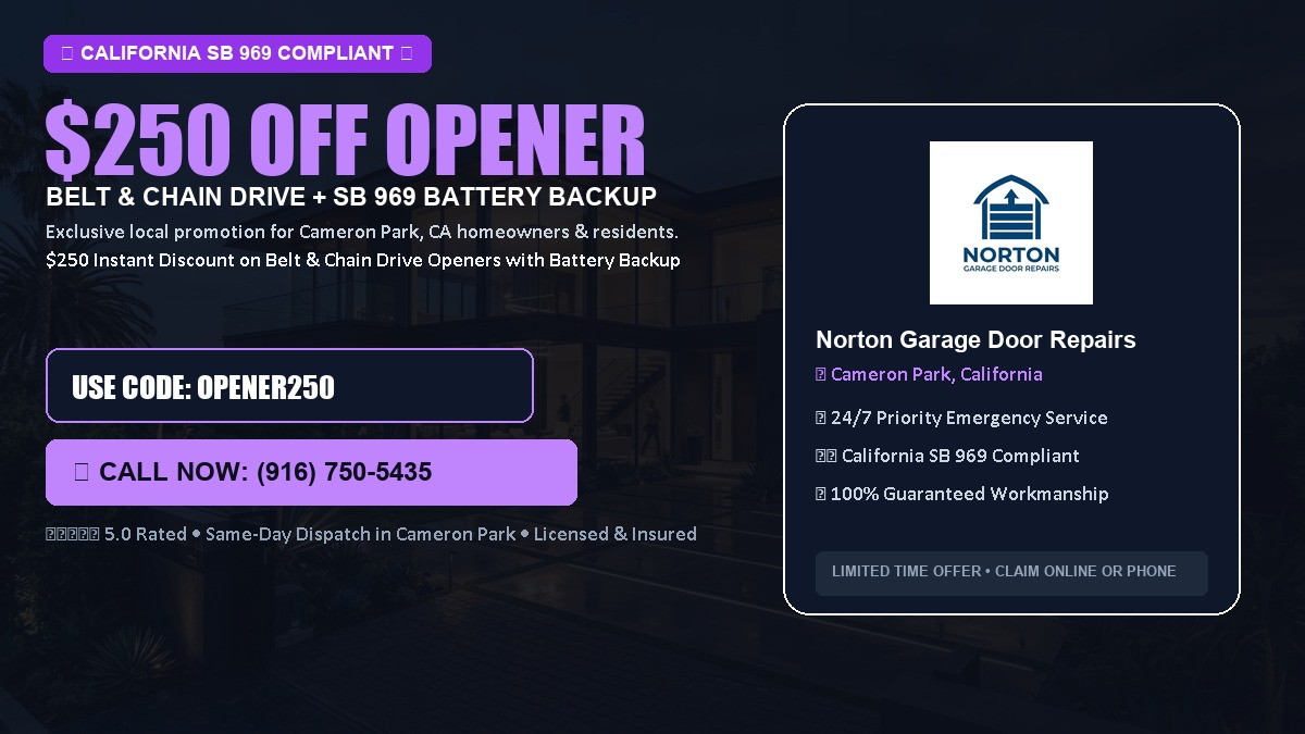 $250 OFF Smart Garage Door Opener Installation (Belt & Chain Drive with California SB 969 Battery Backup) in Cameron Park, CA